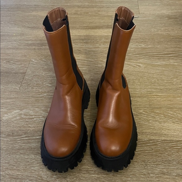 Zara Leather Lug Sole Chunky Ankle Chelsea Combat Boots Cognac Brown Black 37 - Picture 5 of 13